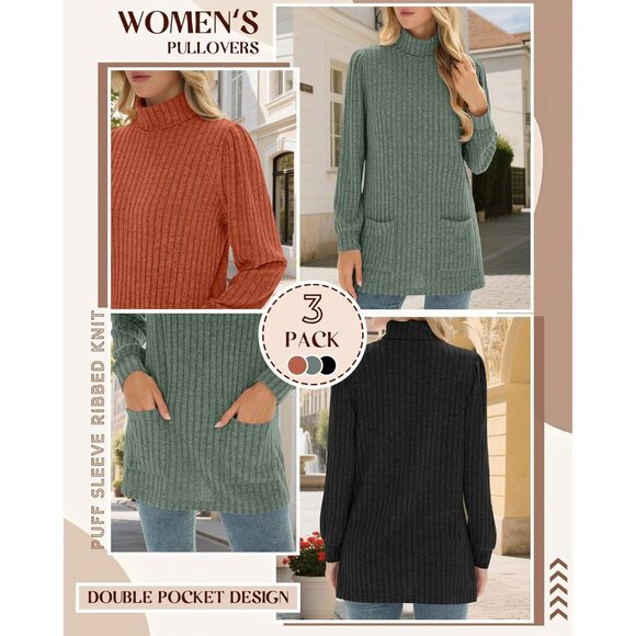 Women's Knit Turtleneck Sweaters 3 Pack Ribbed Long Sleeve Casual Tunic - Picture 4 of 6